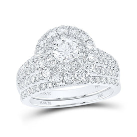 Diamond Brilliance: 14kt White Gold Round Halo Bridal Wedding Ring Set with Blue Sapphire - Splendid Jewellery