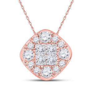 Diamond Cluster Pendant | 14kt Rose Gold Womens Princess Diamond Offset Square Pendant 1/2 Cttw | Splendid Jewellery GND
