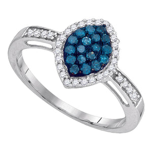 Diamond Cluster Ring | 10kt White Gold Womens Round Blue Color Enhanced Diamond Oval Frame Cluster Ring 1/3 Cttw | Splendid Jewellery GND