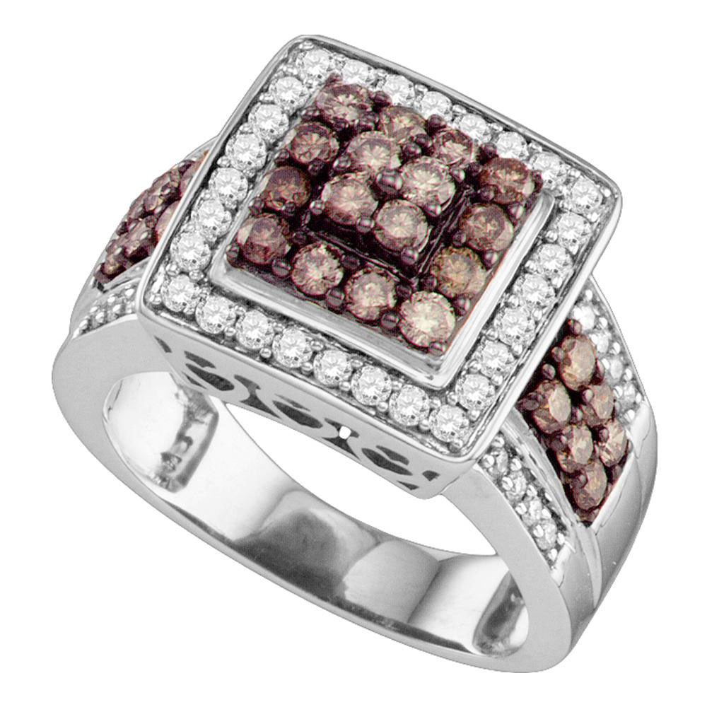 Diamond Cluster Ring | 10kt White Gold Womens Round Brown Diamond Square Cluster Ring 1-1/2 Cttw | Splendid Jewellery GND