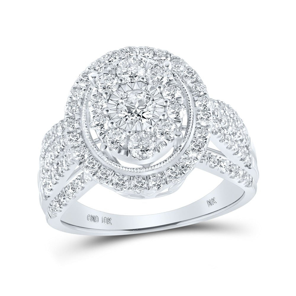Diamond Cluster Ring | 10kt White Gold Womens Round Diamond Oval Ring 1-1/2 Cttw | Splendid Jewellery GND