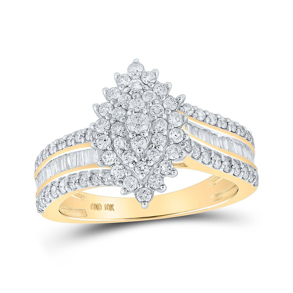 Diamond Cluster Ring | 10kt Yellow Gold Womens Round Diamond Marquise-shape Cluster Ring 1 Cttw | Splendid Jewellery GND