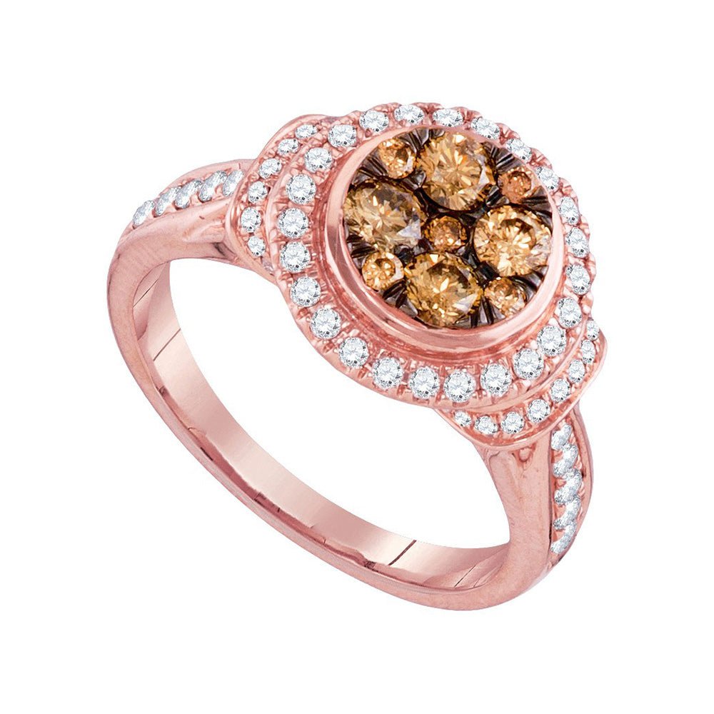 Diamond Cluster Ring | 14kt Rose Gold Womens Round Brown Diamond Cluster Ring 1 Cttw | Splendid Jewellery GND