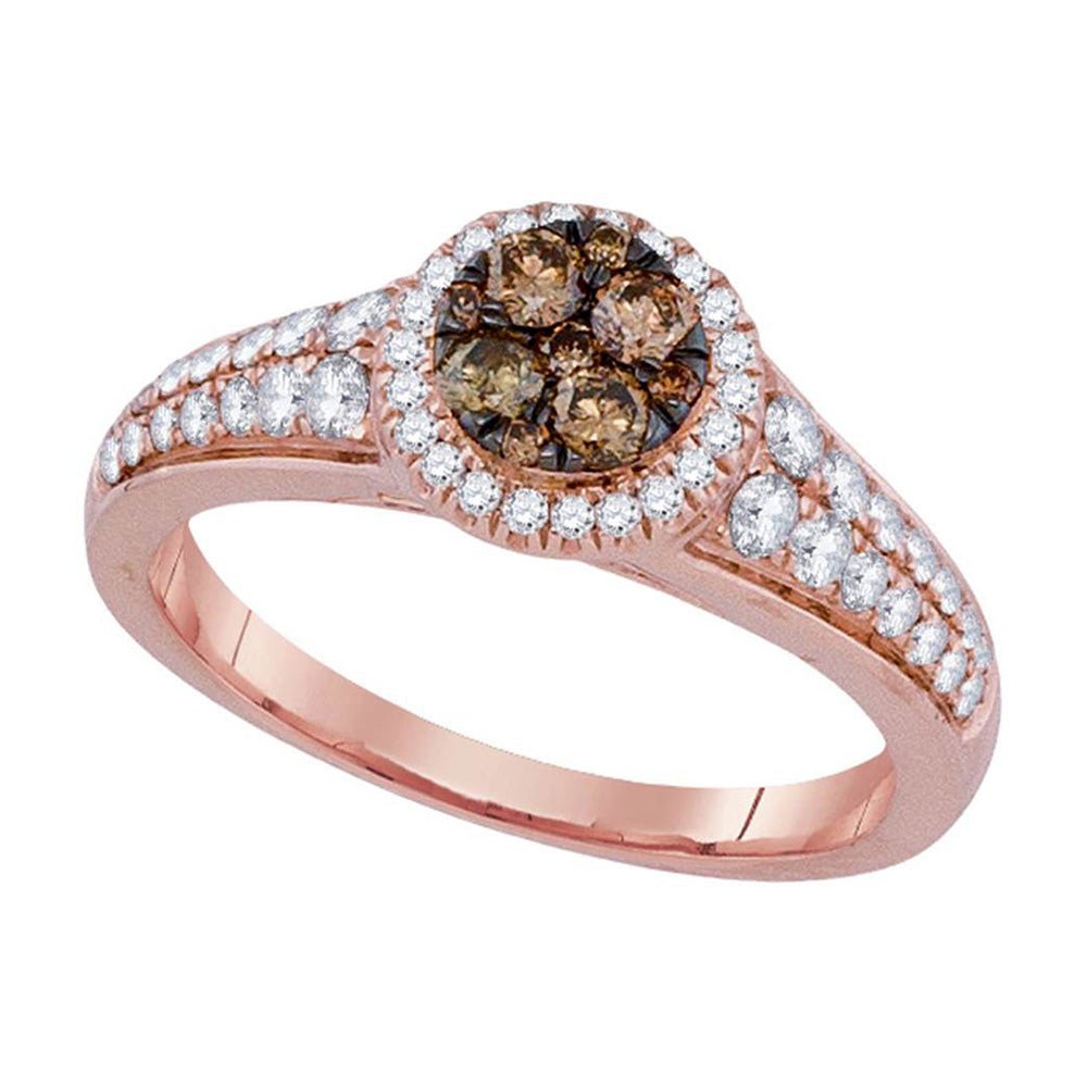Diamond Cluster Ring | 14kt Rose Gold Womens Round Brown Diamond Cluster Ring 3/4 Cttw | Splendid Jewellery GND