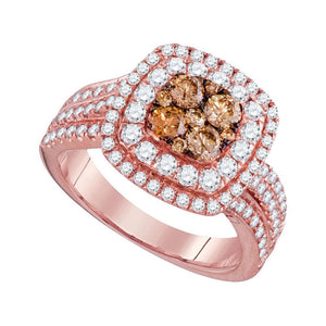 Diamond Cluster Ring | 14kt Rose Gold Womens Round Brown Diamond Square Cluster Ring 1-1/2 Cttw | Splendid Jewellery GND