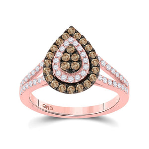 Diamond Cluster Ring | 14kt Rose Gold Womens Round Brown Diamond Teardrop Ring 3/4 Cttw | Splendid Jewellery GND