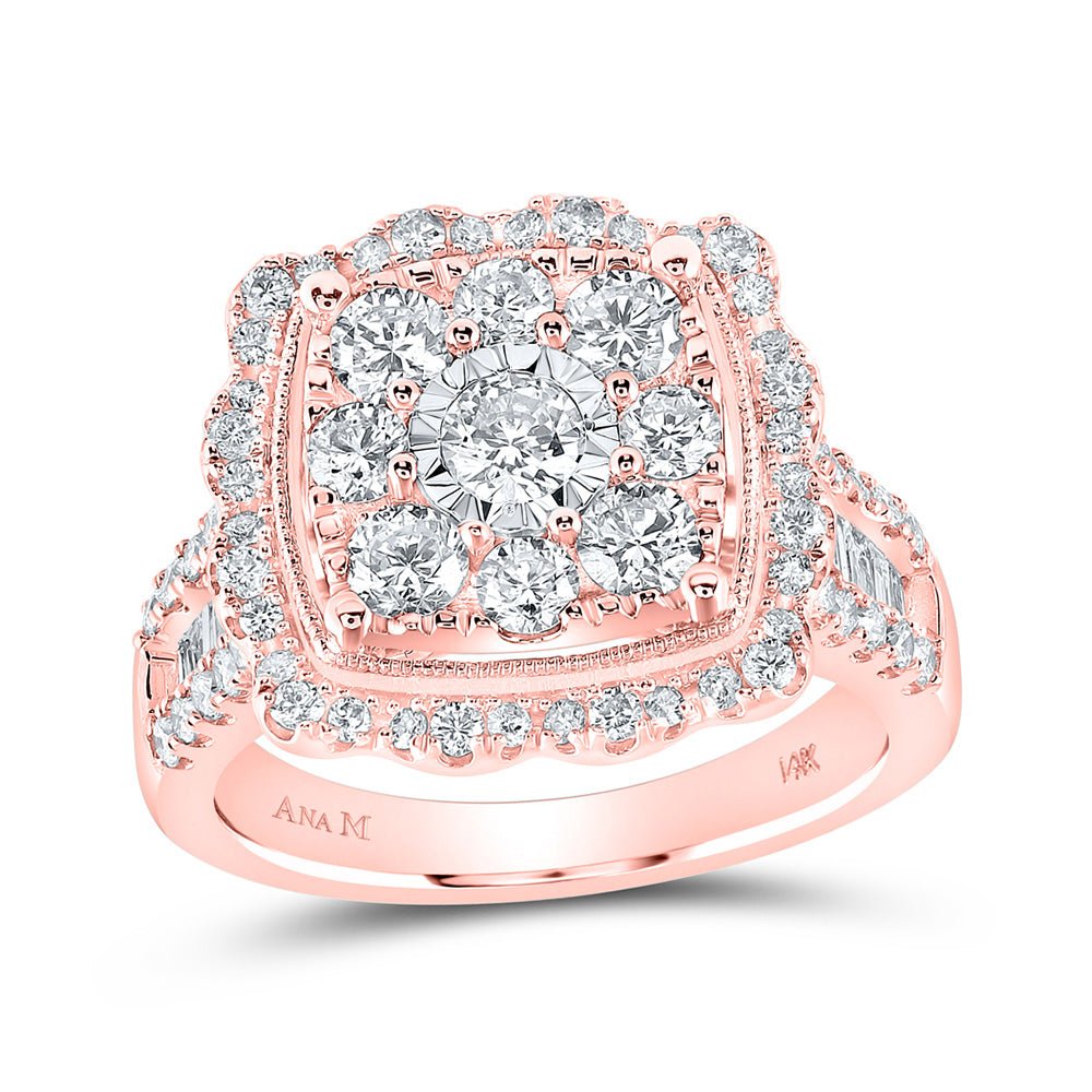 Diamond Cluster Ring | 14kt Rose Gold Womens Round Diamond Square Flower Cluster Ring 2 Cttw | Splendid Jewellery GND