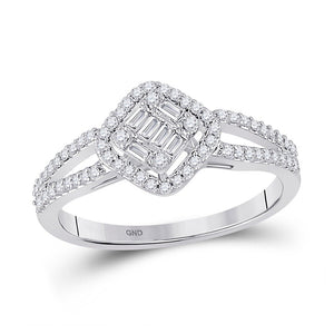 Diamond Cluster Ring | 14kt White Gold Womens Baguette Diamond Offset Square Cluster Ring 3/8 Cttw | Splendid Jewellery GND