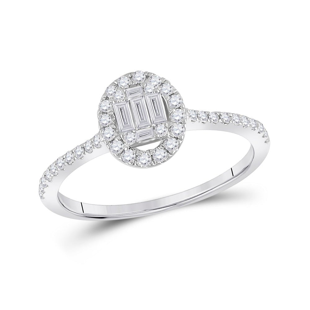 Diamond Cluster Ring | 14kt White Gold Womens Baguette Diamond Oval Cluster Ring 1/3 Cttw | Splendid Jewellery GND