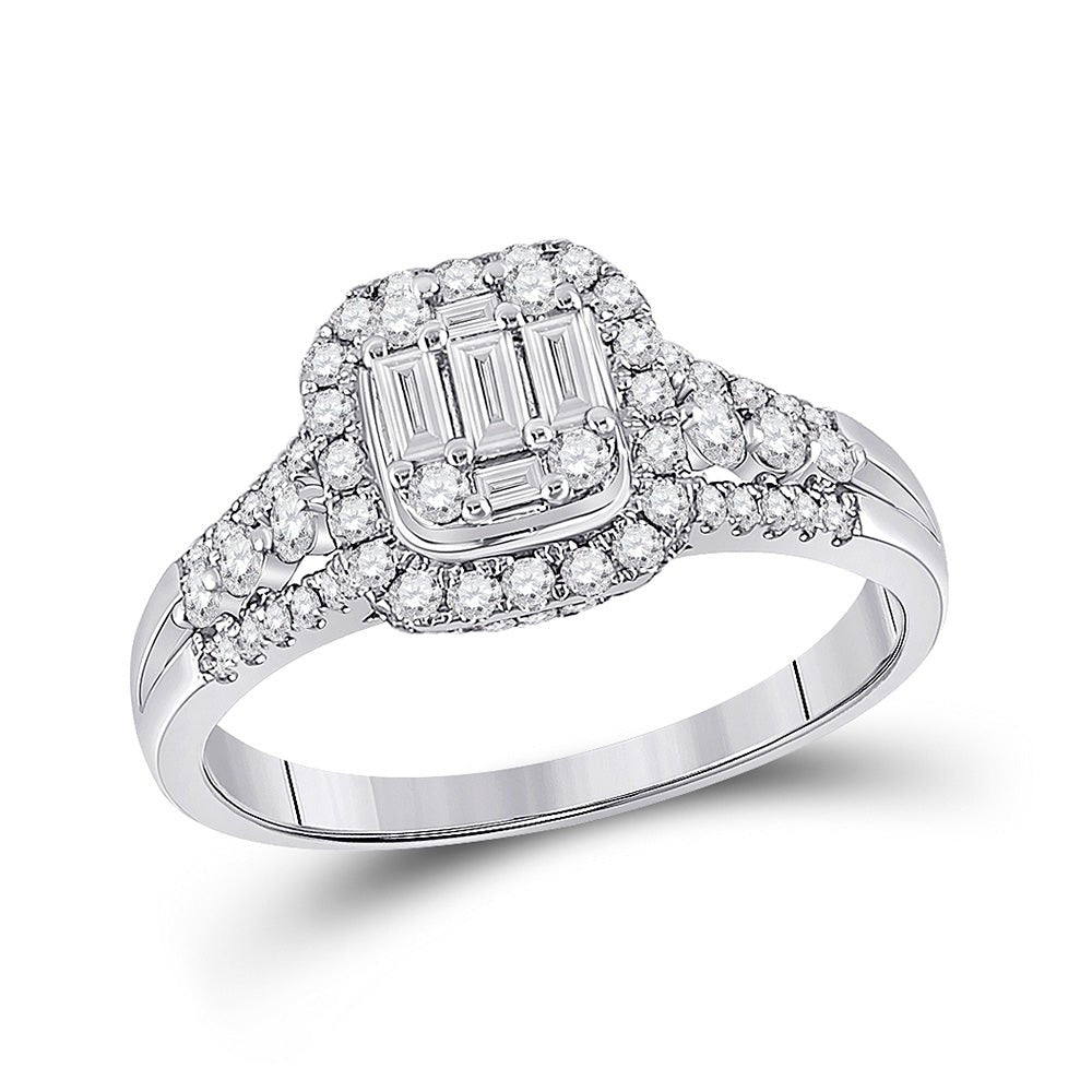 Diamond Cluster Ring | 14kt White Gold Womens Baguette Diamond Square Cluster Ring 3/4 Cttw | Splendid Jewellery GND