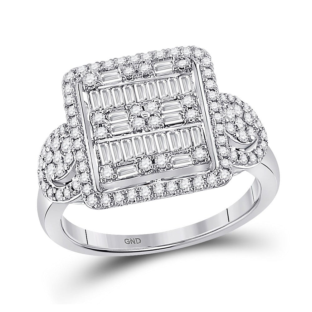 Diamond Cluster Ring | 14kt White Gold Womens Baguette Diamond Square Cluster Ring 7/8 Cttw | Splendid Jewellery GND