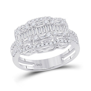 Diamond Cluster Ring | 14kt White Gold Womens Baguette Round Diamond Cluster Ring 7/8 Cttw | Splendid Jewellery GND