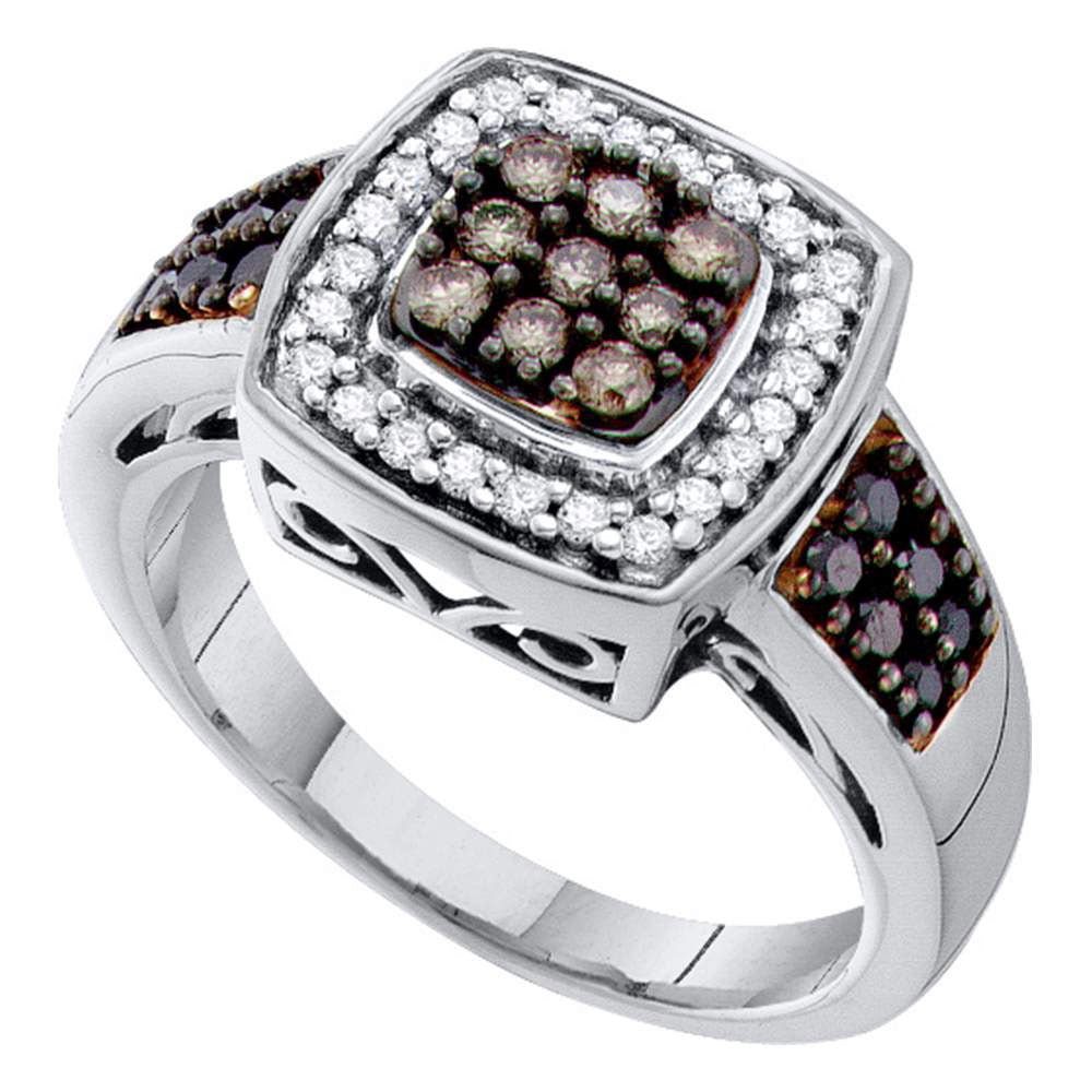 Diamond Cluster Ring | 14kt White Gold Womens Round Brown Diamond Square Cluster Ring 1/2 Cttw | Splendid Jewellery GND
