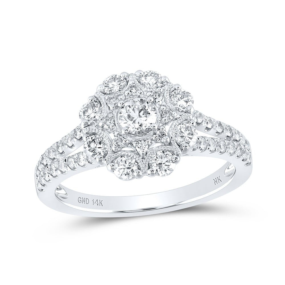 Diamond Cluster Ring | 14kt White Gold Womens Round Diamond Cluster Ring 1 Cttw | Splendid Jewellery GND