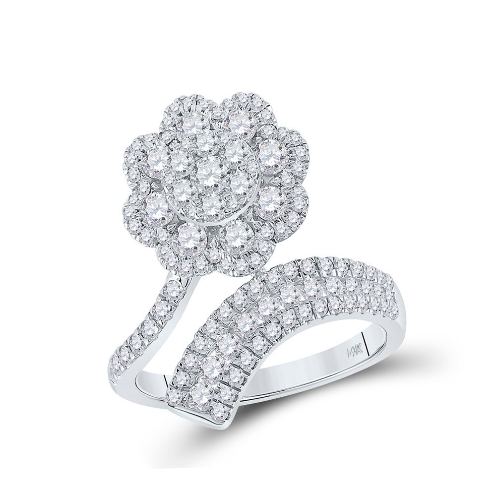 Diamond Cluster Ring | 14kt White Gold Womens Round Diamond Flower Bypass Cocktail Ring 1-1/2 Cttw | Splendid Jewellery GND
