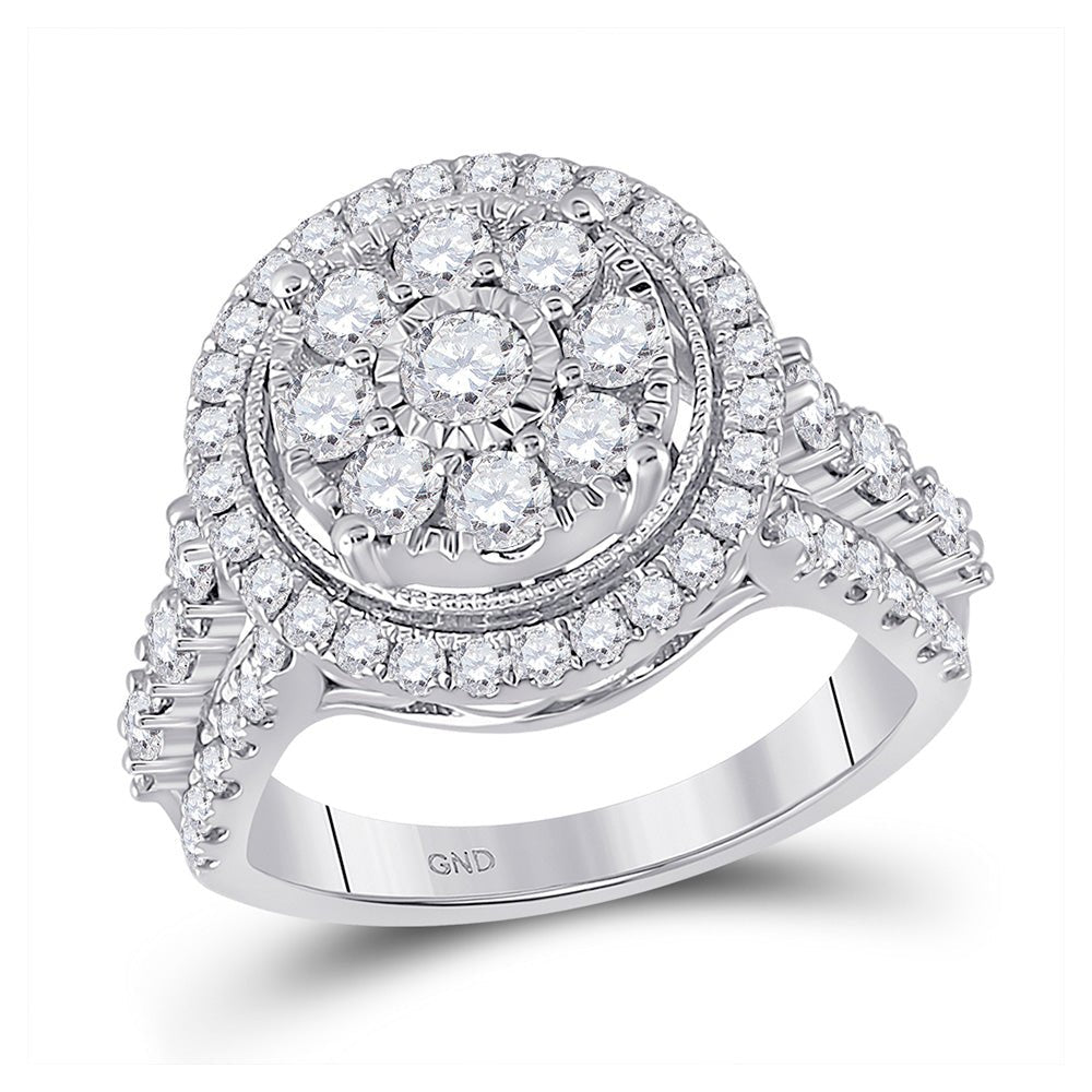 Diamond Cluster Ring | 14kt White Gold Womens Round Diamond Flower Cluster Ring 1-3/4 Cttw | Splendid Jewellery GND