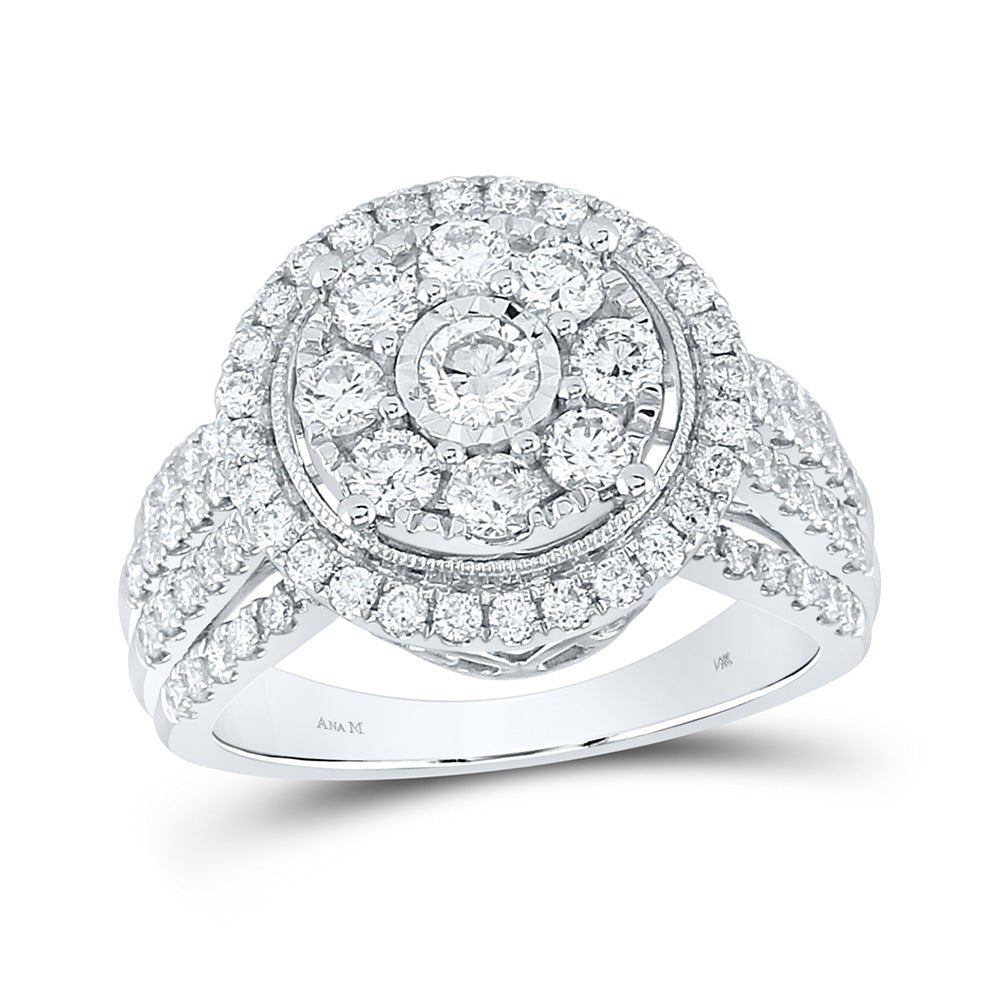 Diamond Cluster Ring | 14kt White Gold Womens Round Diamond Right Hand Halo Cluster Ring 1-1/2 Cttw | Splendid Jewellery GND