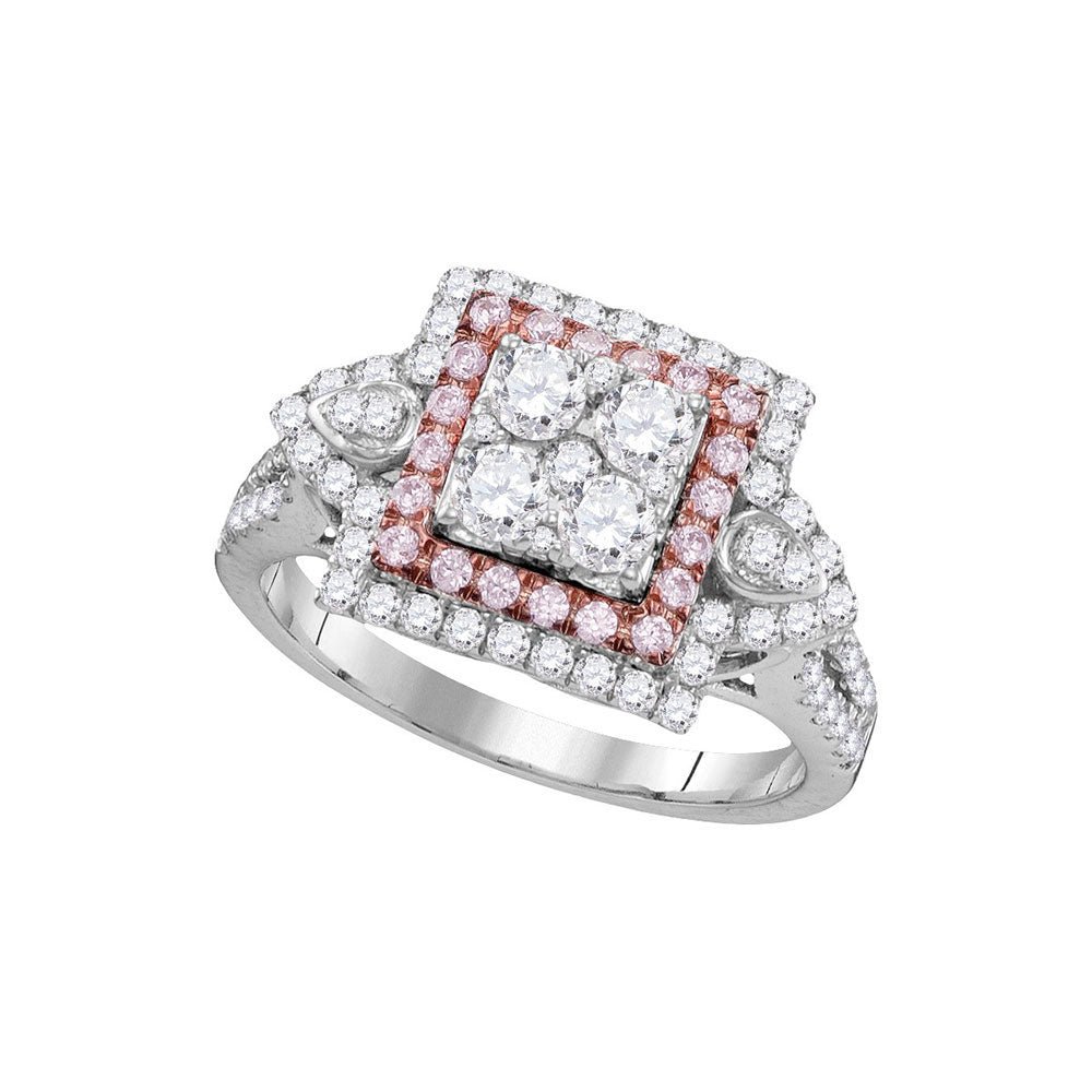 Diamond Cluster Ring | 14kt White Gold Womens Round Pink Diamond Square Cluster Ring 1 Cttw | Splendid Jewellery GND