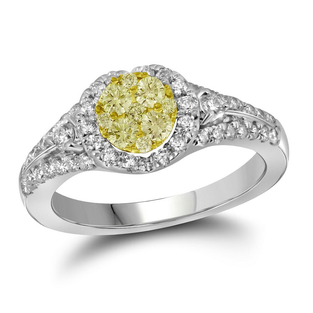 Diamond Cluster Ring | 14kt White Gold Womens Round Yellow Diamond Circle Cluster Ring 3/4 Cttw | Splendid Jewellery GND