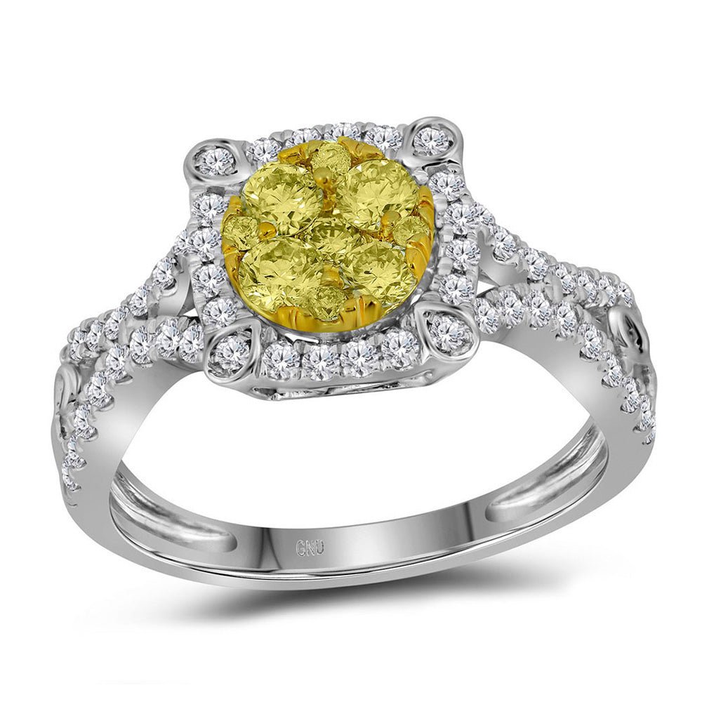 Diamond Cluster Ring | 14kt White Gold Womens Round Yellow Diamond Cluster Ring 7/8 Cttw | Splendid Jewellery GND