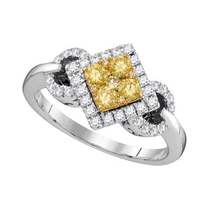 Diamond Cluster Ring | 14kt White Gold Womens Round Yellow Diamond Offset Square Ring 3/4 Cttw | Splendid Jewellery GND