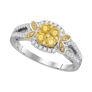 Diamond Cluster Ring | 14kt White Gold Womens Round Yellow Diamond Square Cluster Ring 3/4 Cttw | Splendid Jewellery GND