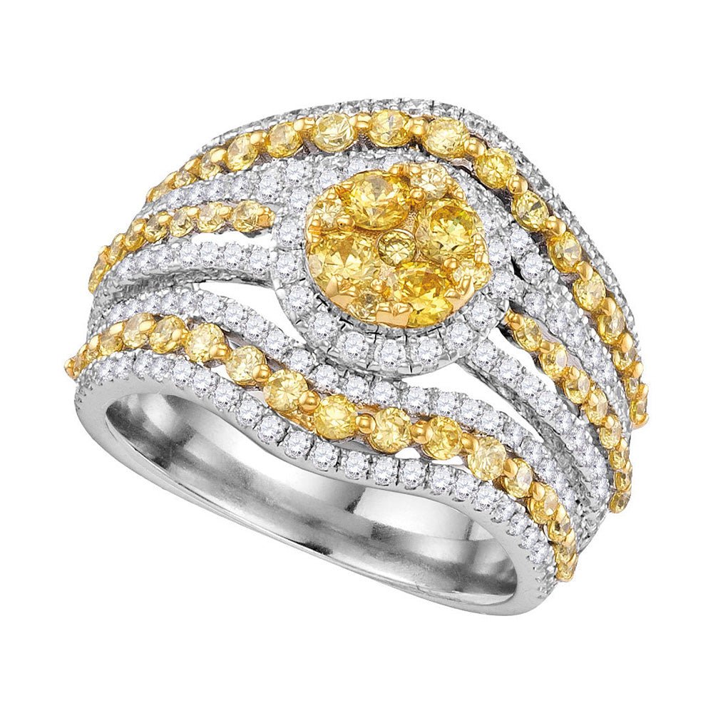 Diamond Cluster Ring | 14kt White Gold Womens Round Yellow Diamond Stripe Cluster Ring 2 Cttw | Splendid Jewellery GND