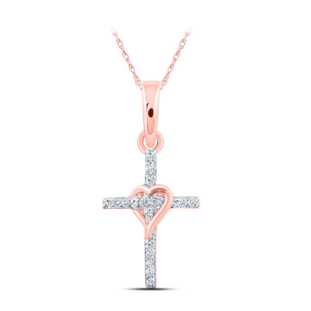 Diamond Cross Pendant | 10kt Rose Gold Womens Round Diamond Heart Cross Pendant 1/20 Cttw | Splendid Jewellery GND