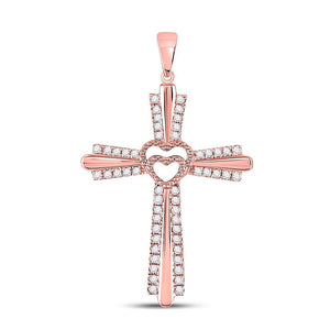 Diamond Cross Pendant | 10kt Rose Gold Womens Round Diamond Heart Cross Pendant 1/4 Cttw | Splendid Jewellery GND