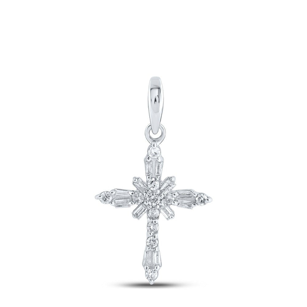 Diamond Cross Pendant | 10kt White Gold Womens Baguette Diamond Cross Pendant 1/6 Cttw | Splendid Jewellery GND