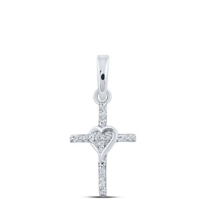 Diamond Cross Pendant | 10kt White Gold Womens Round Diamond Heart Cross Pendant 1/20 Cttw | Splendid Jewellery GND