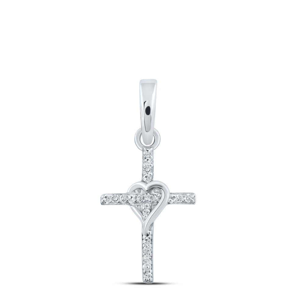 Diamond Cross Pendant | 10kt White Gold Womens Round Diamond Heart Cross Pendant 1/20 Cttw | Splendid Jewellery GND