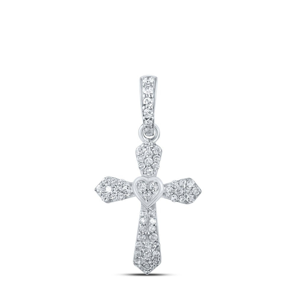 Diamond Cross Pendant | 10kt White Gold Womens Round Diamond Heart Cross Pendant 1/6 Cttw | Splendid Jewellery GND
