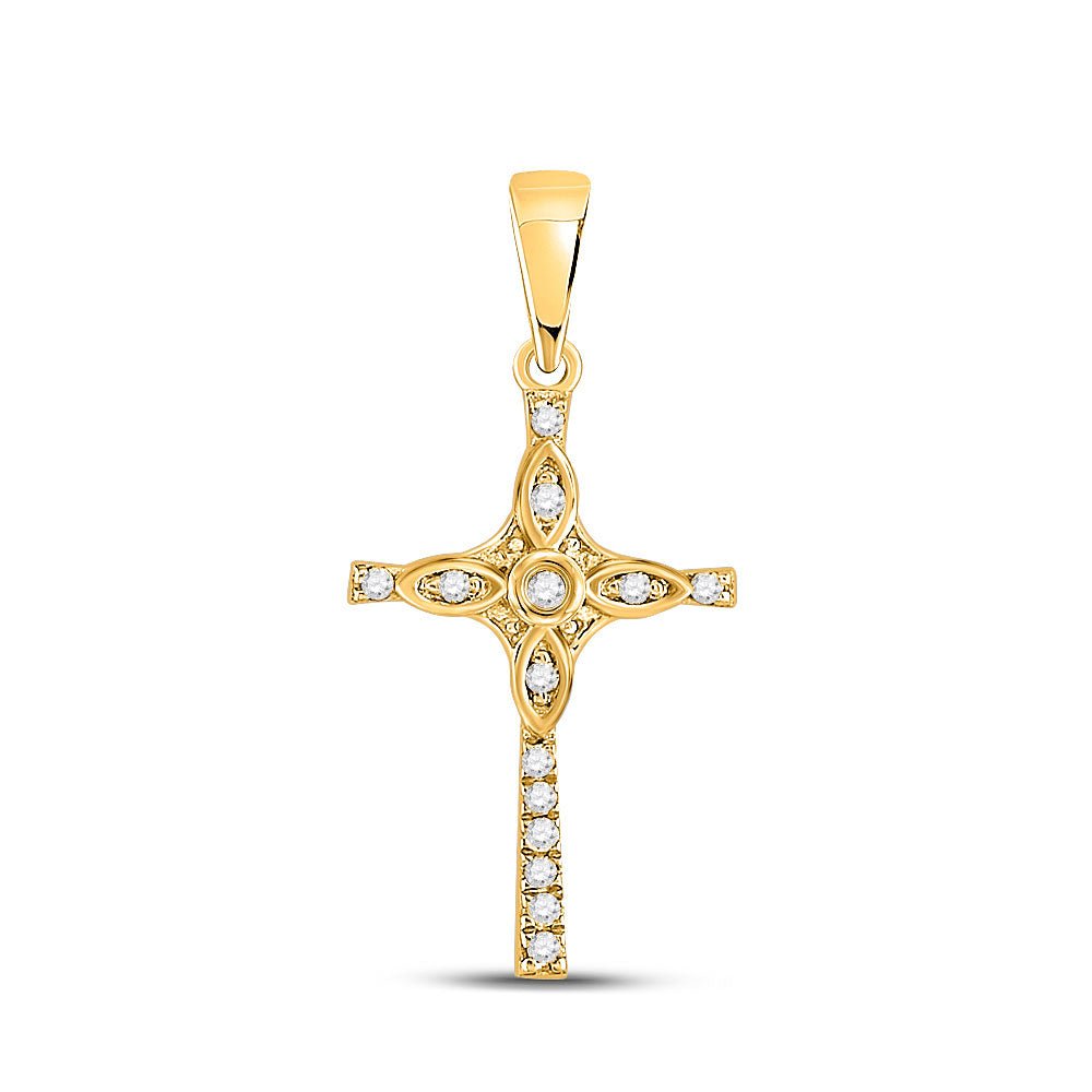 Diamond Cross Pendant | 10kt Yellow Gold Womens Round Diamond Cross Pendant 1/12 Cttw | Splendid Jewellery GND