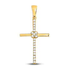 Load image into Gallery viewer, Radiant Spirit Diamond Cross Pendant | 10kt Yellow Gold Womens Round Diamond Cross Pendant 1/12 Cttw product  Top View from Splendid Jewellery