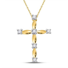 Load image into Gallery viewer, Radiant Cross of Eternity: 10kt Yellow Gold Womens Round Diamond Cross Pendant 1/20 Cttw product  Top View from Splendid Jewellery