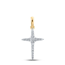Load image into Gallery viewer, Radiant Gold and Diamond Cross Pendant | 10kt Yellow Gold Womens Round Diamond Cross Pendant 1/6 Cttw product  Top View from Splendid Jewellery