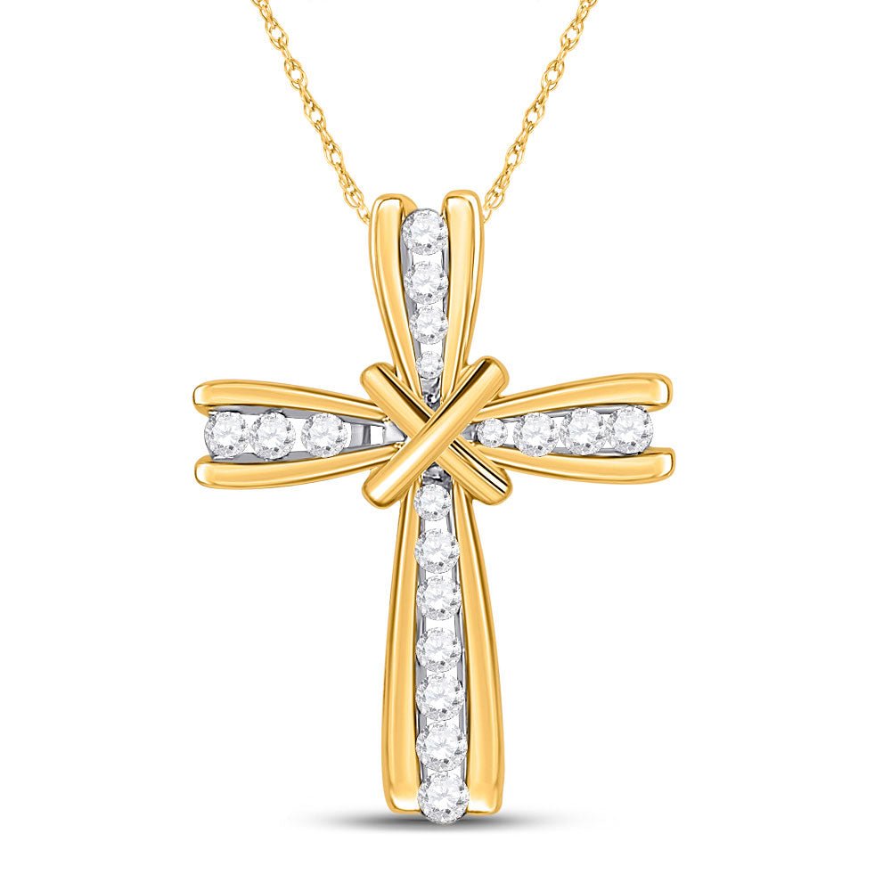 Diamond Cross Pendant | 10kt Yellow Gold Womens Round Diamond Cross Pendant 1/6 Cttw | Splendid Jewellery GND