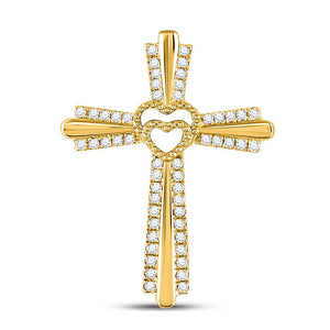 Diamond Cross Pendant | 10kt Yellow Gold Womens Round Diamond Heart Cross Pendant 1/4 Cttw | Splendid Jewellery GND