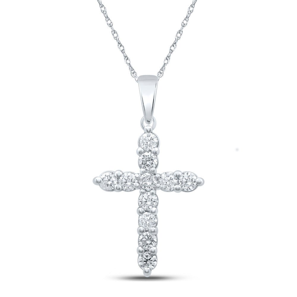 Diamond Cross Pendant | 14kt White Gold Womens Round Diamond Cross Pendant 1 Cttw | Splendid Jewellery GND