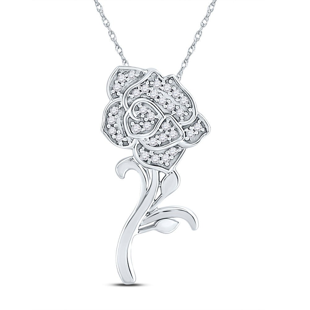 Diamond Fashion Pendant | 10kt White Gold Womens Round Diamond Rose Flower Pendant 1/10 Cttw | Splendid Jewellery GND
