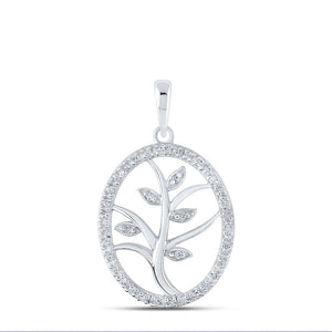 Diamond Fashion Pendant | 10kt White Gold Womens Round Diamond Tree Oval Pendant 1/10 Cttw | Splendid Jewellery GND