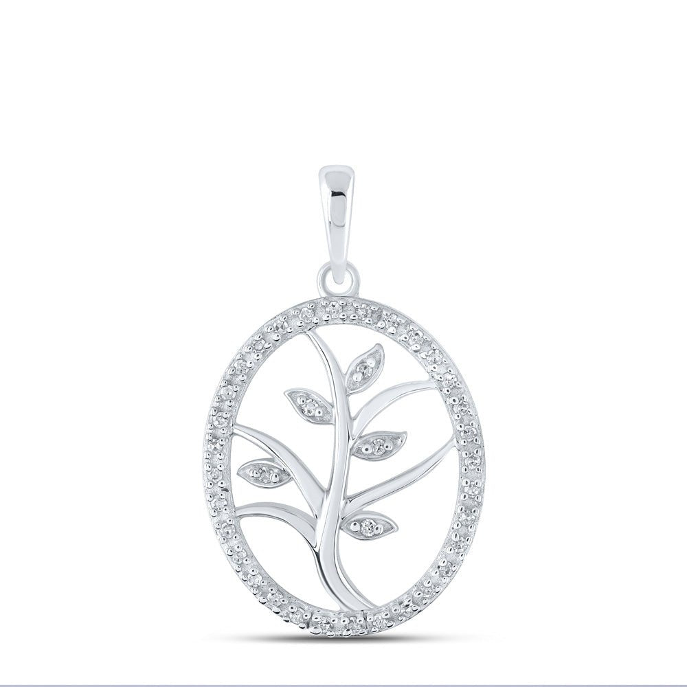 Diamond Fashion Pendant | 10kt White Gold Womens Round Diamond Tree Oval Pendant 1/10 Cttw | Splendid Jewellery GND