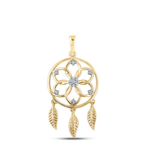 Diamond Fashion Pendant | 10kt Yellow Gold Womens Round Diamond Dream Catcher Circle Pendant 1/20 Cttw | Splendid Jewellery GND