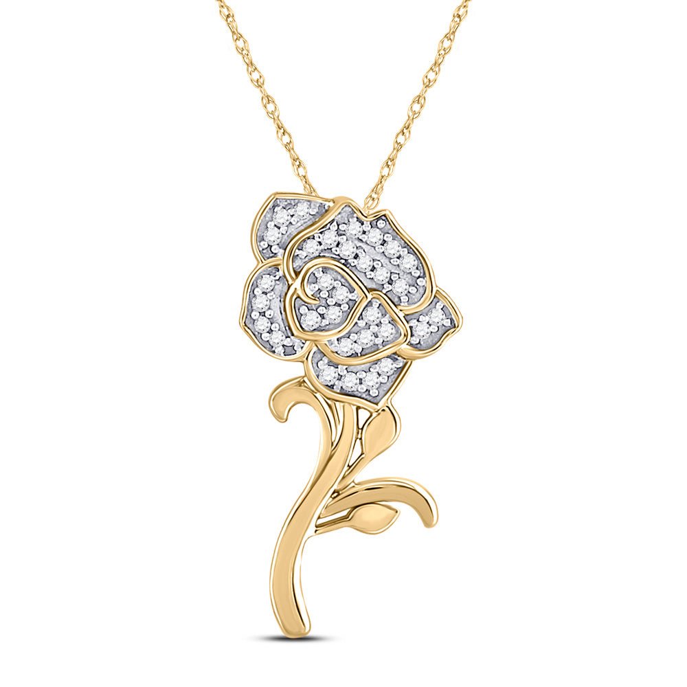 Diamond Fashion Pendant | 10kt Yellow Gold Womens Round Diamond Rose Flower Pendant 1/10 Cttw | Splendid Jewellery GND