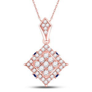 Diamond Fashion Pendant | 14kt Rose Gold Womens Round Diamond Blue Sapphire Square Pendant 5/8 Cttw | Splendid Jewellery GND