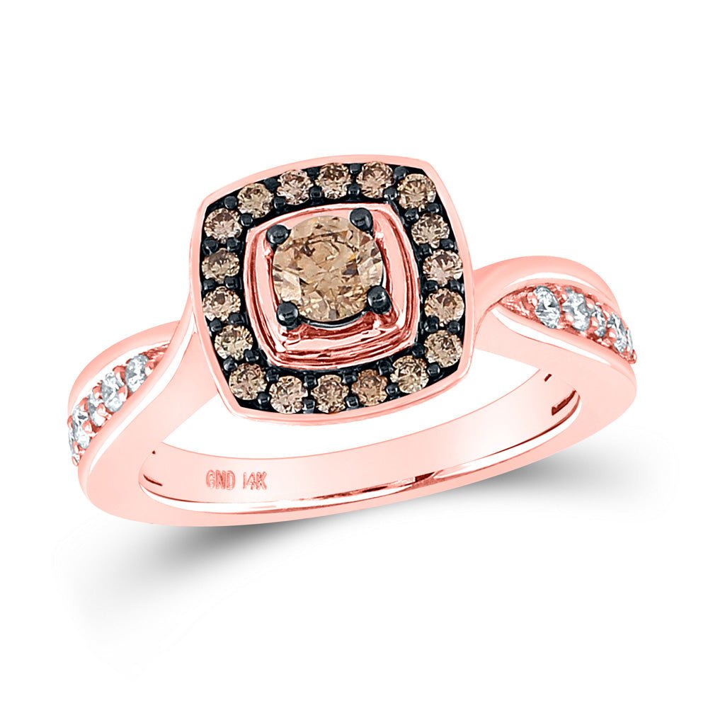 Diamond Fashion Ring | 14kt Rose Gold Womens Round Brown Diamond Square Halo Ring 3/4 Cttw | Splendid Jewellery GND