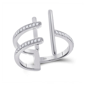 Bisected Brilliance: 14kt White Gold Womens Round Diamond Linear Fashion Ring - Top View