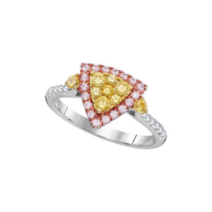 Diamond Fashion Ring | 14kt White Gold Womens Round Yellow Pink Diamond Triangle Fashion Ring 7/8 Cttw | Splendid Jewellery GND