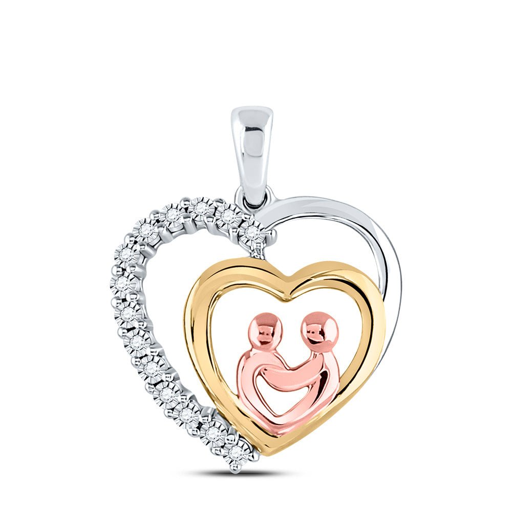 Diamond For Mom Pendant | 10kt Two-tone Gold Womens Round Diamond Child Mom Heart Pendant 1/20 Cttw | Splendid Jewellery GND